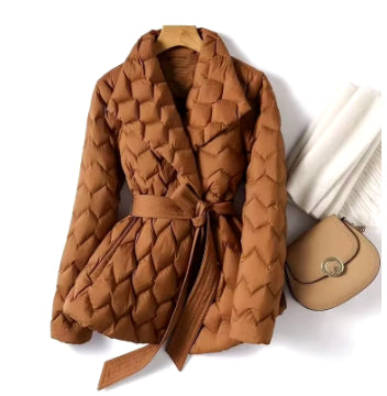 Winter Ripple-stitching Jacket With Belt Fashion Warm Pockets Lapel Coat Women's Temperament Lightweight Outwear Clothing