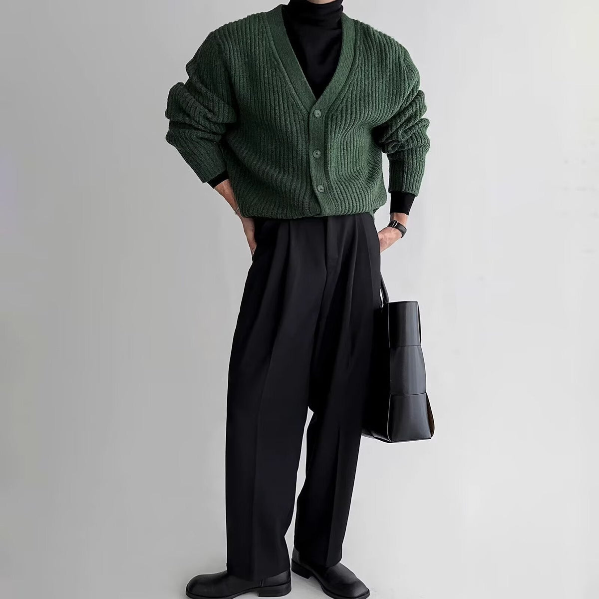 Mens Loose-Fit Versatile Artistic V-Neck Sweater