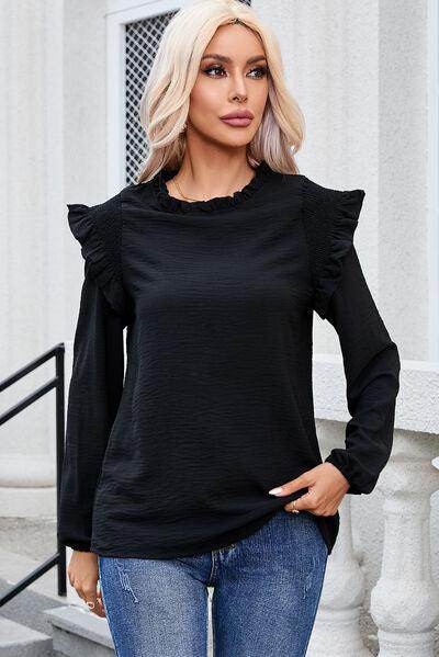 Frill Mock Neck Ruffled Balloon Sleeve Blouse for Women