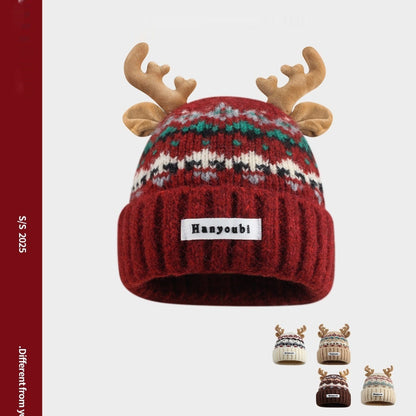 Women's Knitted Hat With Christmas Antlers Thick Warm And Adorable