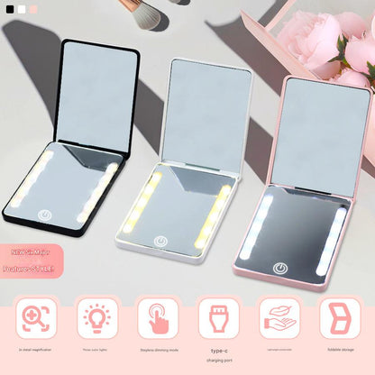 Compact Double-Sided Folding Makeup Mirror Handheld Portable LED Light For Touch-Ups
