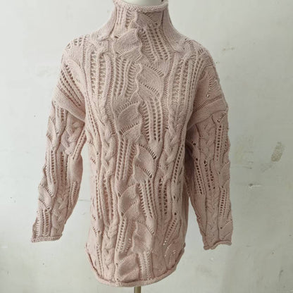 Women's Turtleneck Hollow Cable Knit Sweater, 2026 Fall Winter Loose Long Sleeve Pullover, Solid Color Knit Base Top