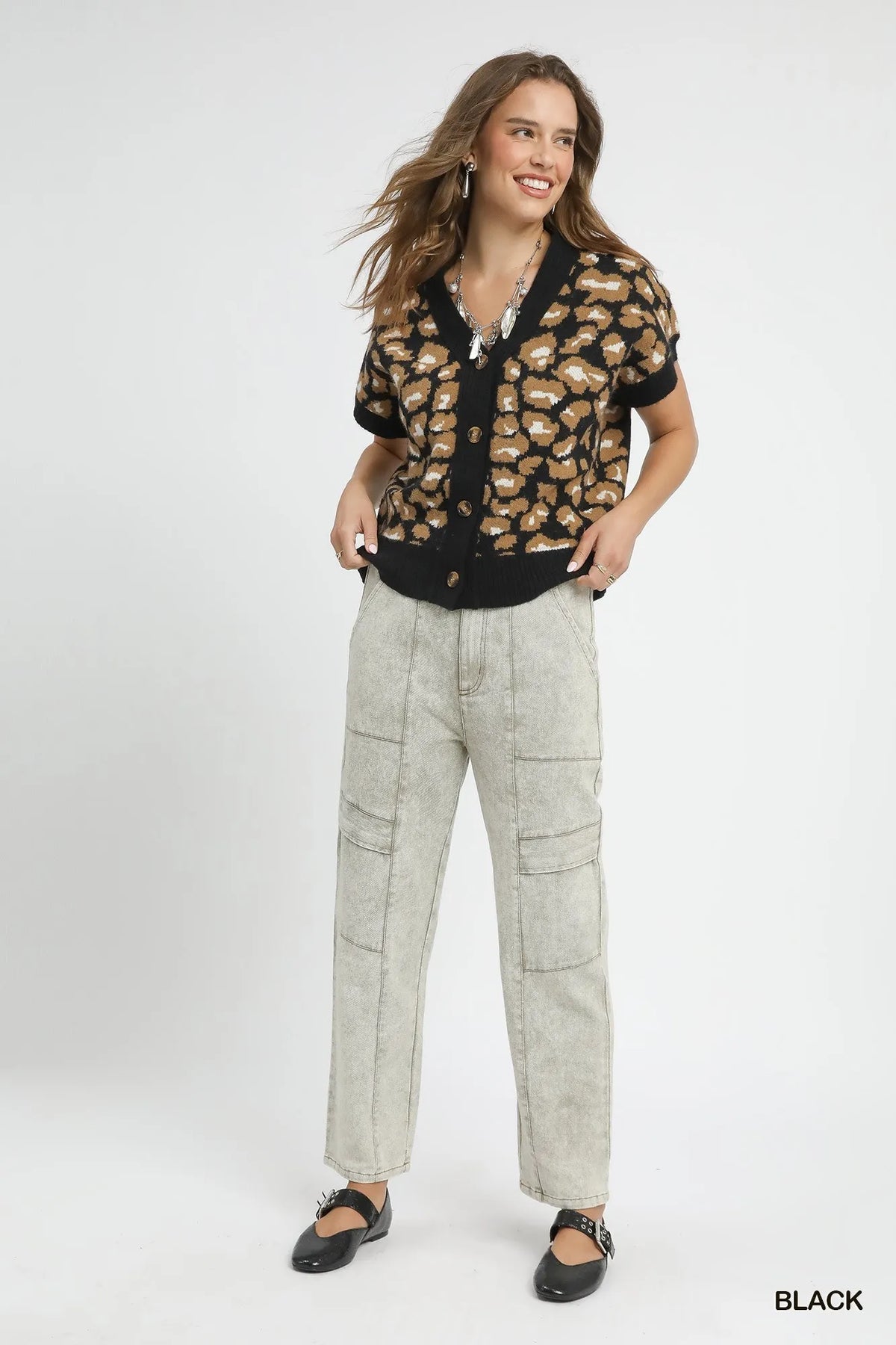 Umgee Leopard Button Down Short Sleeve Cardigan