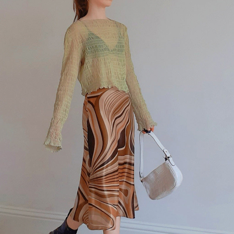 Irregular Stripes Printed Satin Skirt Women