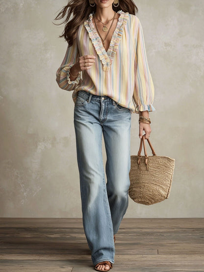 Women's Striped Print V Neck Ruffled Loose Shirt  Vacation Style Long Sleeve Top