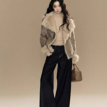 New Suede Fur-trimmed Coat For Women