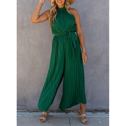 Off-shoulder Halterneck Pleated Jumpsuit