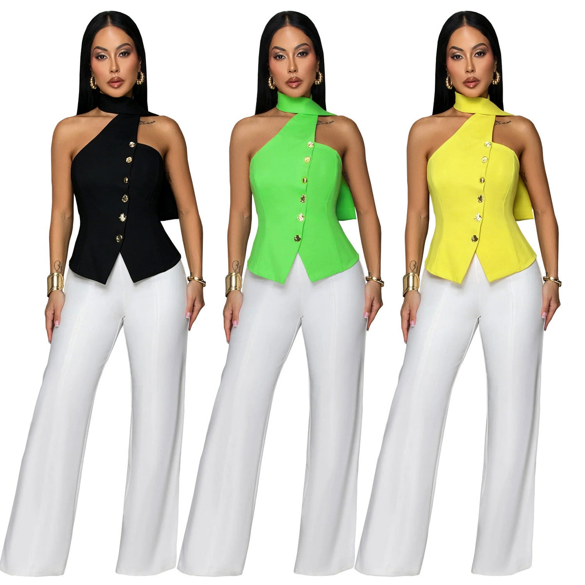 Office-style Halter-neck Fitted Top And Wide-leg Pants Two-piece Set