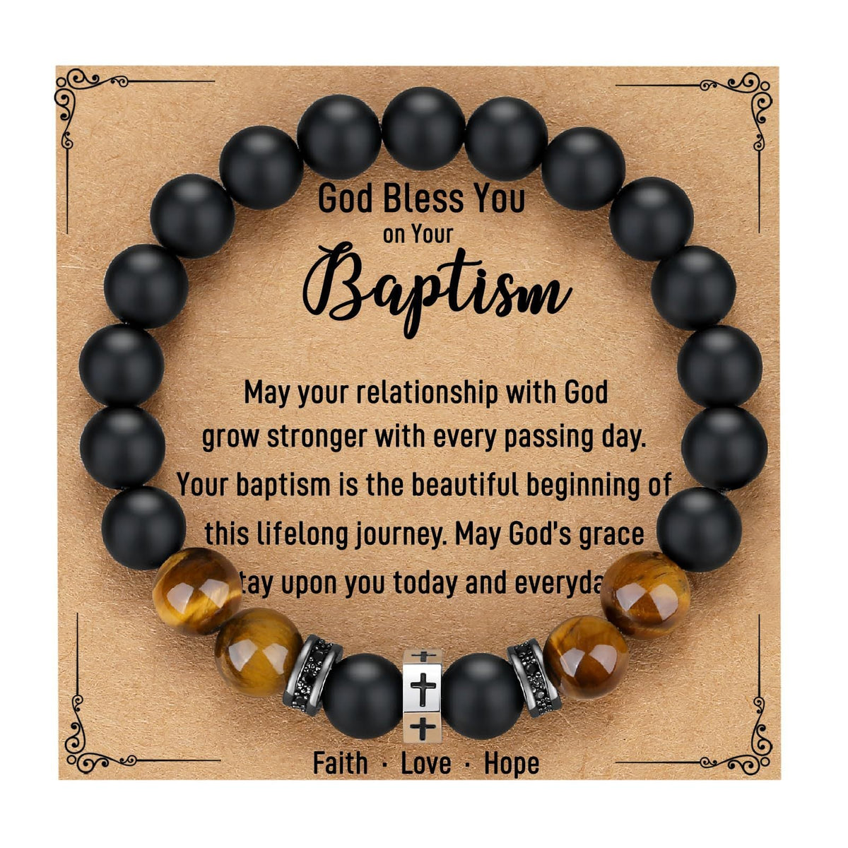 Tigers Eye Stone And Stainless Steel Cross Beaded Bracelet