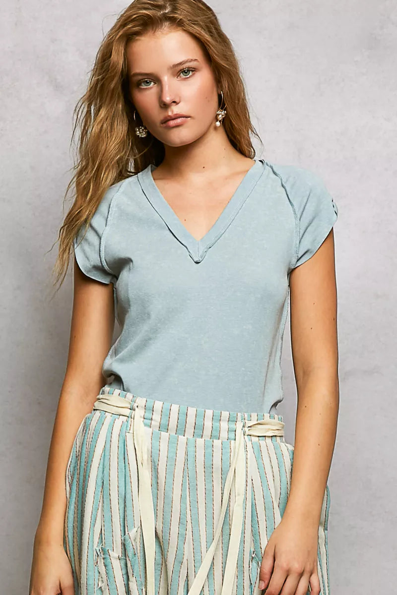 POL V-Neck Short Sleeve Washed T-Shirt with Outseam