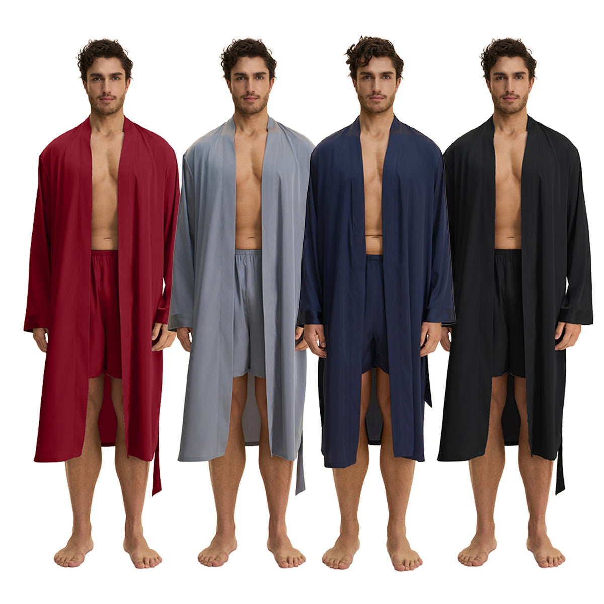Mens Solid-Color Long Nightgown And Shorts Satin Bathrobe Loungewear Set