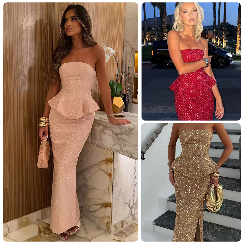 Womens Solid-color Sequined Strapless Dress With Ruffled Hem And Side Slit