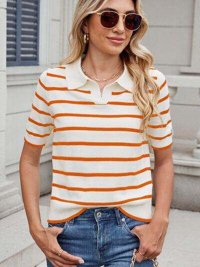 Striped Johnny Collar Short Sleeve Sweater for Women