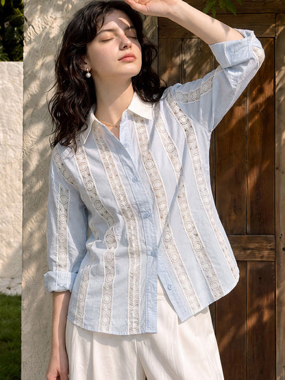 Crochet Lace Striped Long Sleeve Cotton Shirt