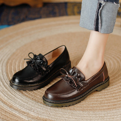 British Style Round Head Chunky Heel Small Leather Shoes For Women