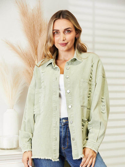 Distressed Raw Hem Denim Jacket for Relaxed Fit Style