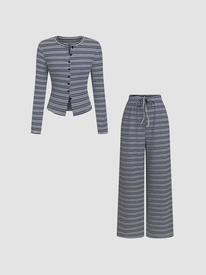 Women's Striped Single-breasted Knit Long-sleeve Pants Set