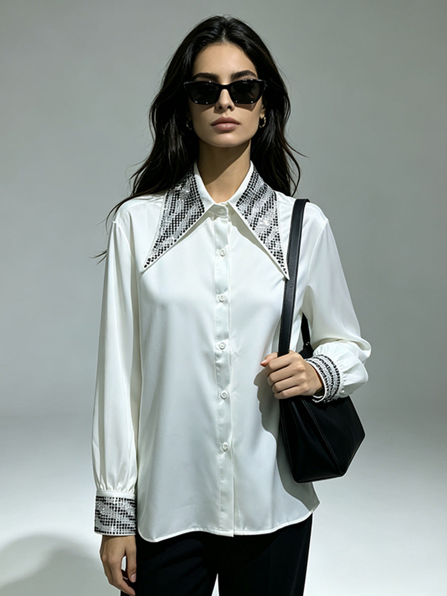 Rhinestone Collar & Cuff Button-Up Satin Shirt