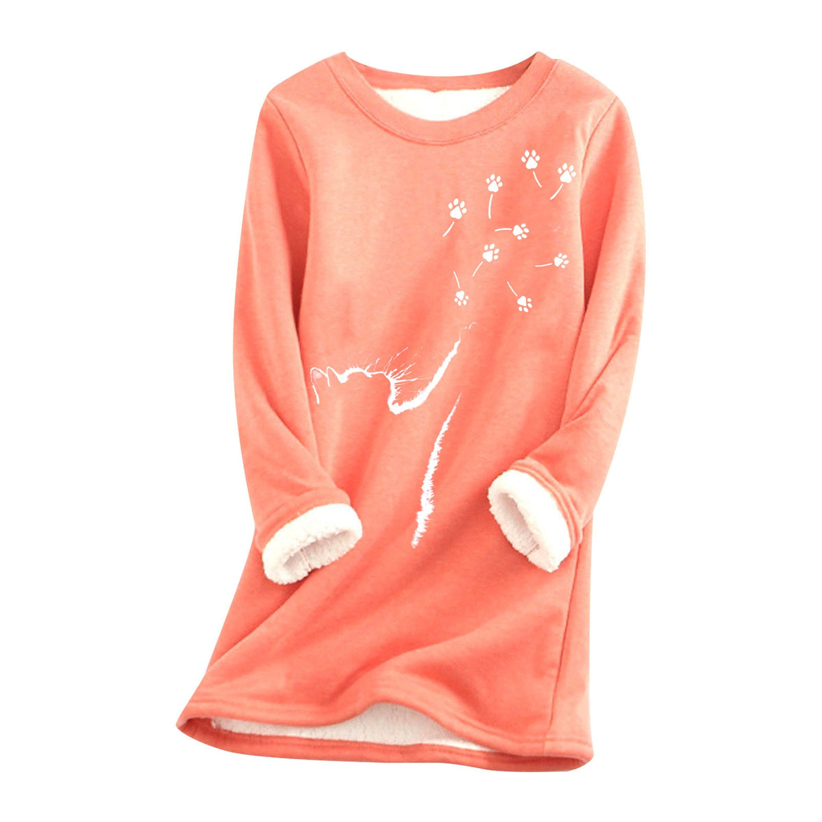 Womens Cat-Paw Print Fluffy Crew-Neck Sweatshirt