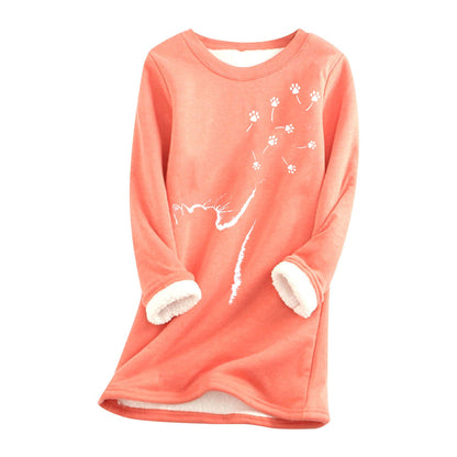Womens Cat-Paw Print Fluffy Crew-Neck Sweatshirt