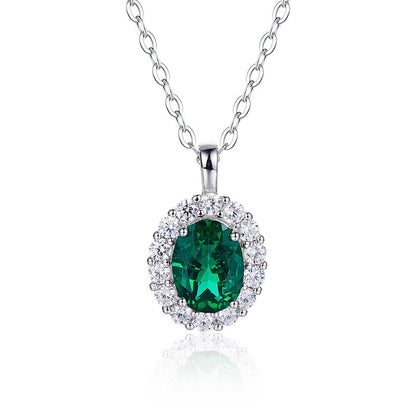 S925 Silver 2.9g 1ct Lab-Created Emerald Halo Necklace, 40&5cm Adjustable