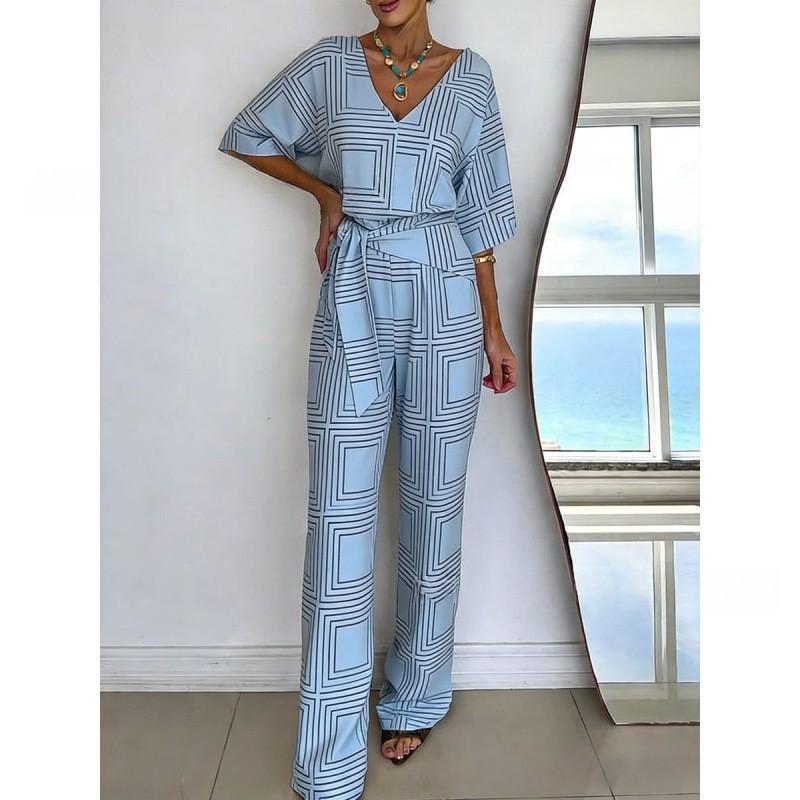 Solid-color V-neck Casual Mid-length Sleeve Dress With Belt