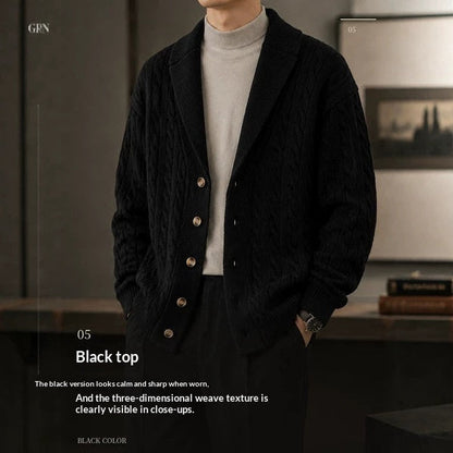 Men's Suit-collar Cable-knit Cardigan