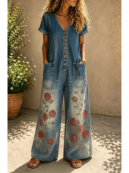 Buttoned Pockets Comfortable Short Sleeves Casual One-piece Wide-leg Jumpsuit