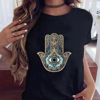 Creative Lucky Hand Printed Round Neck Short Sleeve