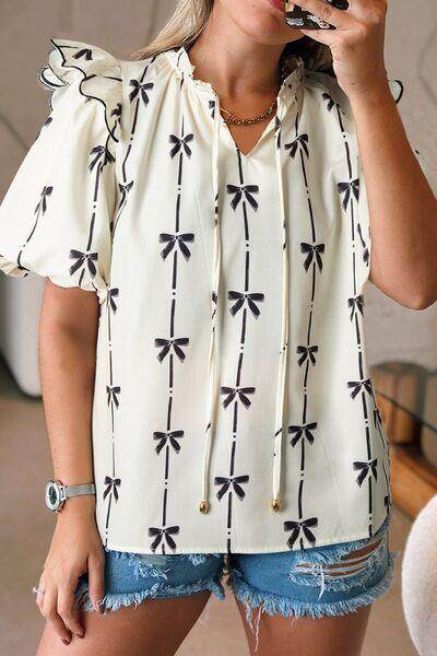Bow Print Tie Neck Short Sleeve Blouse for Women
