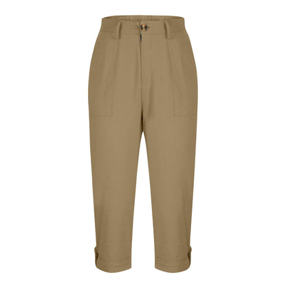 Womens Solid-color Buttoned Roll-up Capri Pants