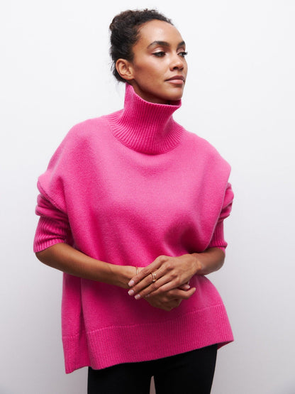 Women's Oversized Turtleneck Sweater, Solid Color Long Sleeve Loose Knit Pullover, Casual Fall Winter Basic Knit Top For Ladies