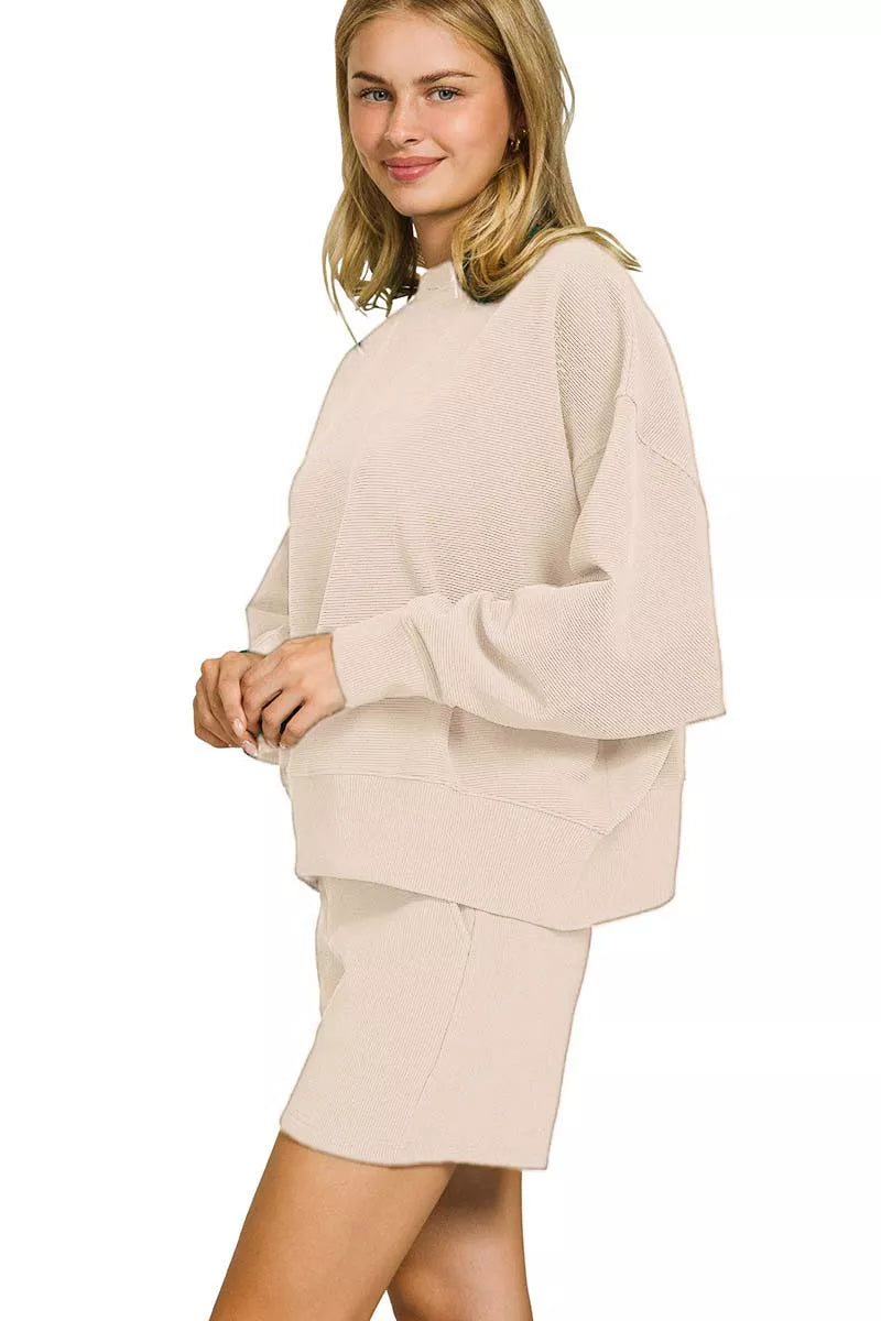 Zenana Ribbed Round Neck Pullover and Shorts Set