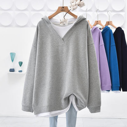 V-neck Faux Two-piece Mid-length Hooded Sweatshirt With Tummy-covering Design
