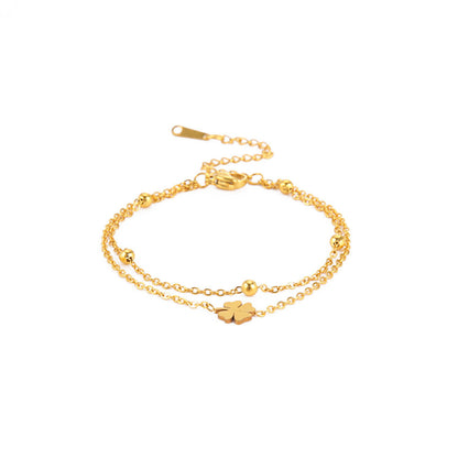 Stainless Steel Cut Clover Charm Double-layer Ankle Bracelet For Women