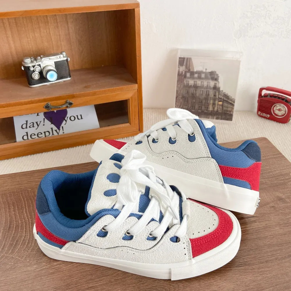 Contrast Lace Up Round Toe Flats Sneakers
