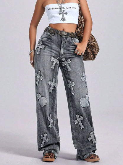 Cross Wide Leg Jeans with Pockets