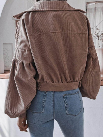 Lantern Sleeve Cropped Corduroy Jacket for Stylish Comfort