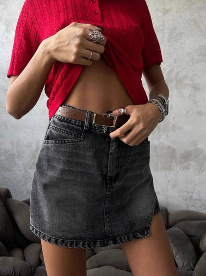 Asymmetric Hem High-Waisted Denim Mini Shorts