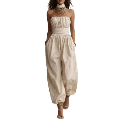 Linen-cotton Strapless Balloon-leg Jumpsuit