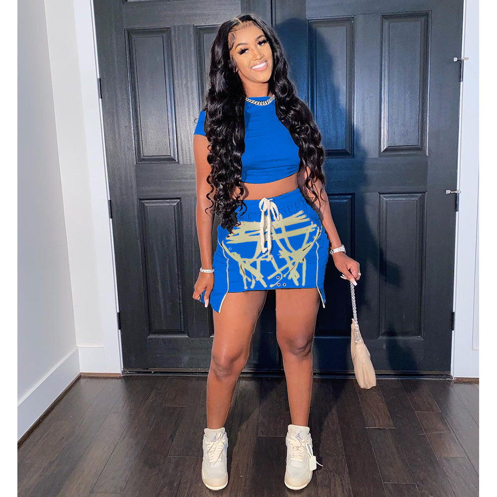 Drawstring Midriff Outfit Short Sleeves Skirt