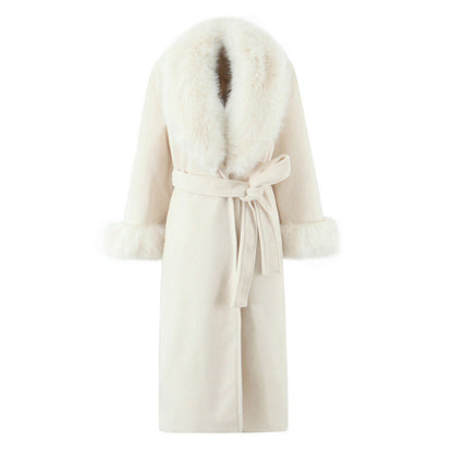 Women's Clothing Big Fur Collar Belt White Woolen Long-cut Coat