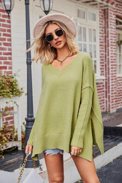Slit V-Neck Dropped Shoulder Sweater for Effortless Style