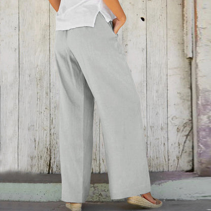 Solid-color Loose-fitting Elastic-waist Wide-leg Casual Pants