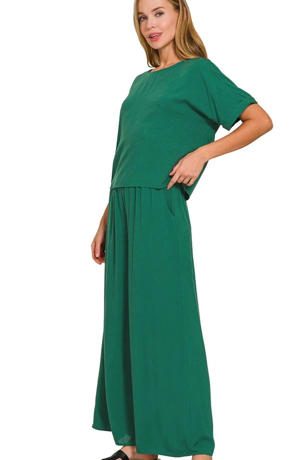 Zenana Round Neck T-Shirt and Wide Leg Pants Set