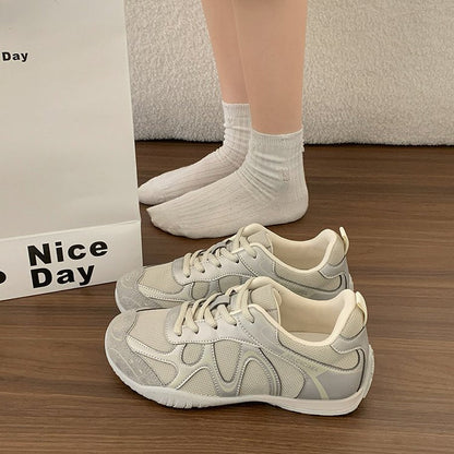 Women Curved Patchwork Mesh Retro Sneakers, Breathable Light Weight Lace Up Flat Sole Daily Walking Casual Trainers