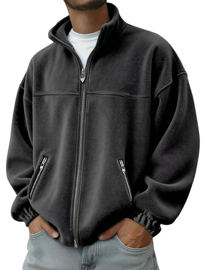 Fleece Stand-up Collar Zip-up Hoodie Casual Jacket