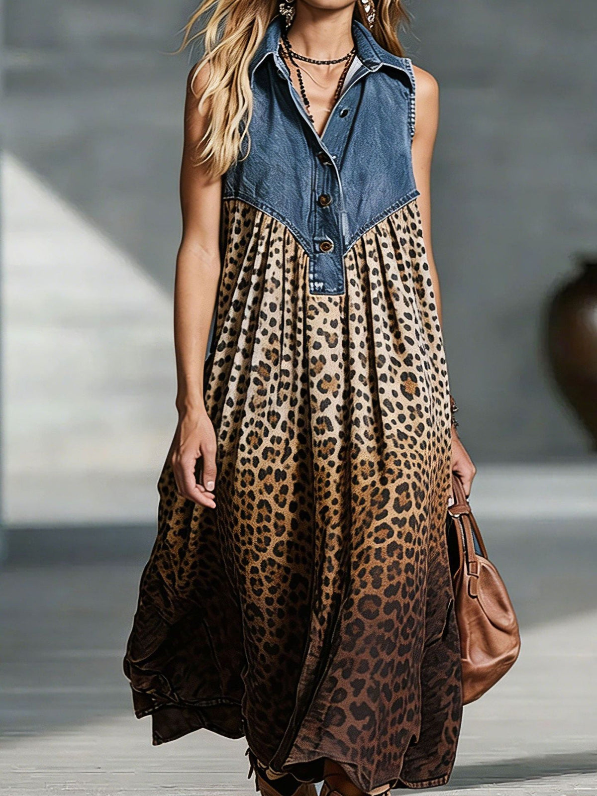 Fashionable Women's Blue Denim Patchwork Dress