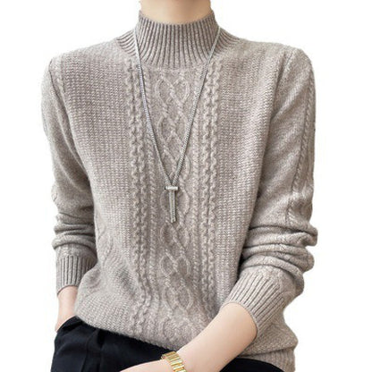 New Fall Winter Women Thick Knit Sweater, Mock Neck Cable Pattern Loose Fit Pullover, Casual Warm Basic Long Sleeve Underwear Top