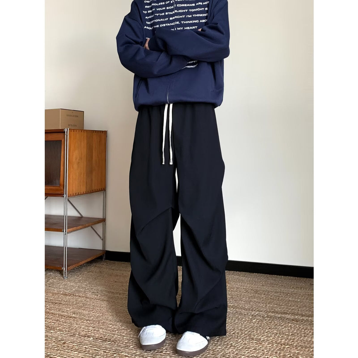 Solid-color Pleated Workwear Mens Straight-leg Loose Wide-leg Versatile Minimalist Drawstring Casual Trousers
